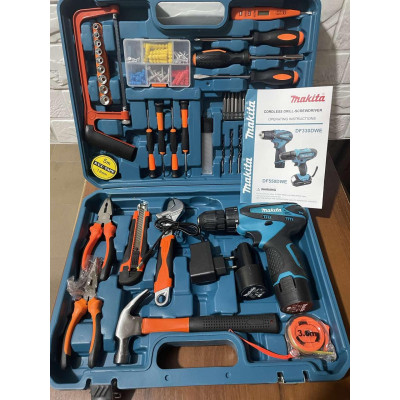 Аккумуляторный шуруповерт MAKITA DF 330DWE (12V, 2AН) и большой набор инструментов в кейсе