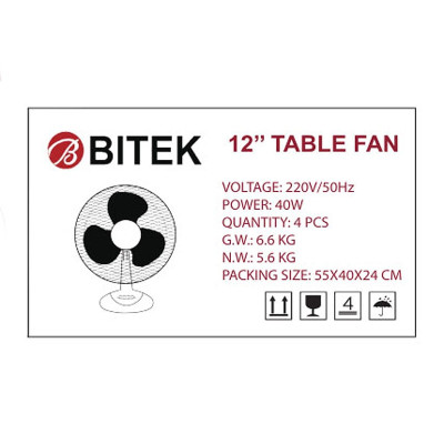 Вентилятор настольный BITEK 12" (30см) 110Вт 3 пласт. лоп. белый BT-1210