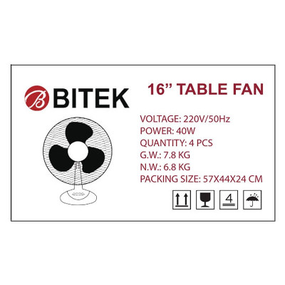 Вентилятор настольный BITEK 16" (40см) 110Вт 3 пласт. лоп. белый BT-1610