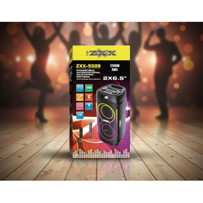 Акустическая переносная колонка ZXX-5509 1200Вт 2x6,5" 62х26х26 см USB/TWS/TF/REC/LED/EQ/FM/BT/MIC/ДК