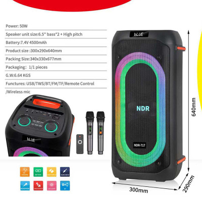 Акустическая переносная колонка NDR-717 2x8" TWS/FM/USB/TF/BT/LED/REC/ДК/2MIC