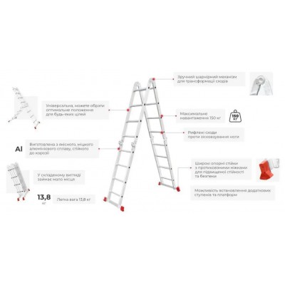 Лестница алюминиевая универсальная 4-секционная Step&Loft 4х4 сх. Высота 4.31 м