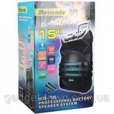 Колонка Meirende K5-15 с аккумулятором/180W/ микрофон/ пульт/ Bluetooth/ SD+USB+FM/ LED
