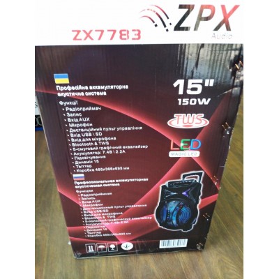 Колонка аккумуляторная 15 дюймов с микрофоном ZPX-7783/150W (USB/FM/Bluetooth/TWS)