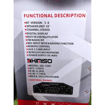 Акустическая аккумуляторная колонка 12 дюймов с микрофонами (USB/FM/BT/LED) KIMISO QS-1209